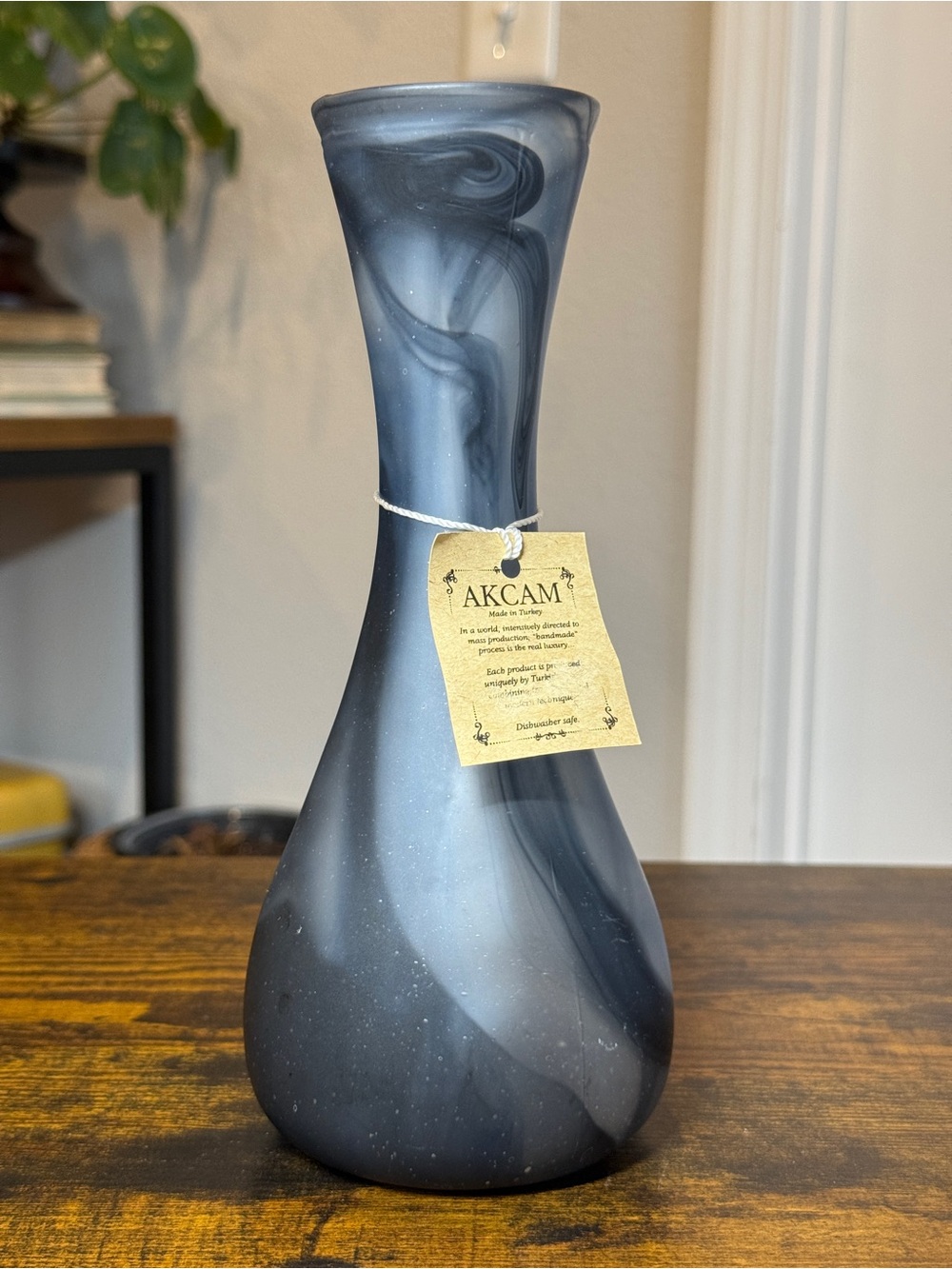 AKCAM Handmade Turkish Art Glass Vase 9.5” Gray Black Swirl Original Tags